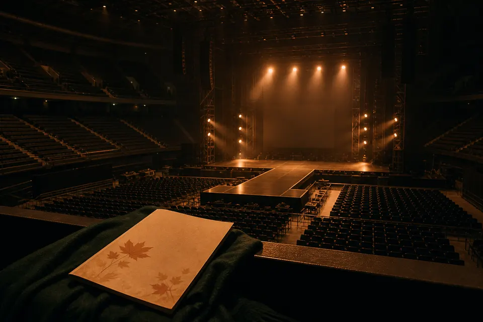 An empty indoor concert stage glows under warm amber work lights with a blank autumn program in the foreground.