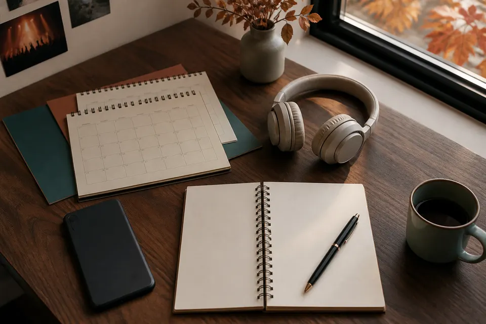 A blank notebook, headphones, calendar pages without readable dates, and a phone sit on an autumn desk.