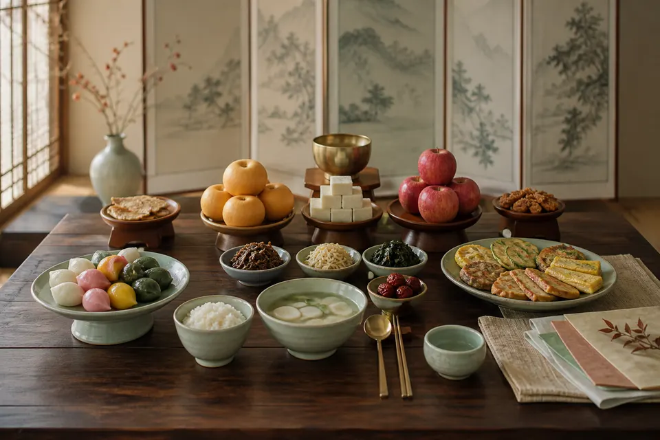 A Chuseok ceremonial table with songpyeon, fruit, rice, jeon, and brass vessels in a quiet Korean home interior.