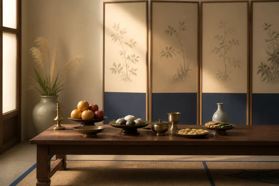 A side view of a Chuseok table with open spaces, fruit, songpyeon, jeon, and a folding screen.