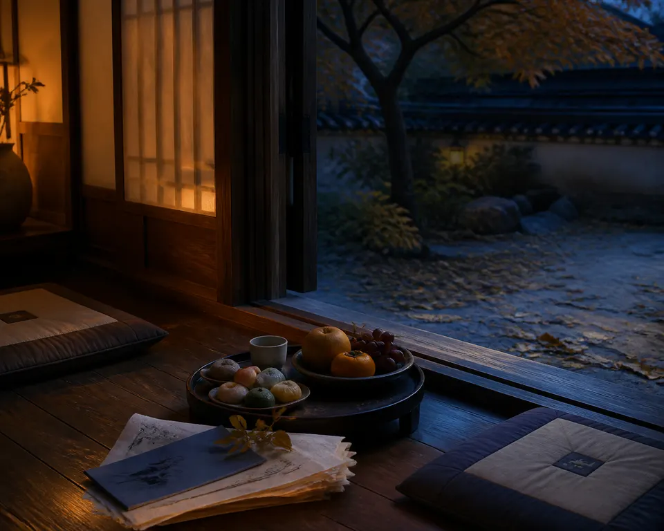 A small tray of songpyeon, fruit, a cup, and hanji beside empty floor cushions at a Korean doorway.