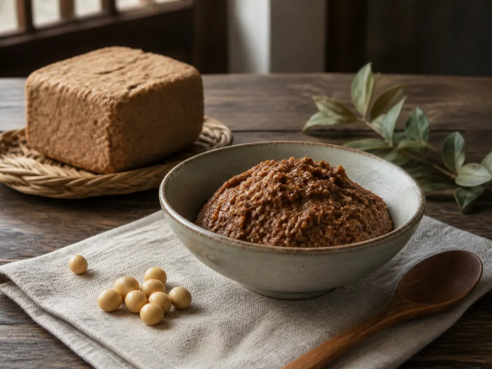 A bowl of Korean doenjang beside soybeans and a wooden spoon on a table.