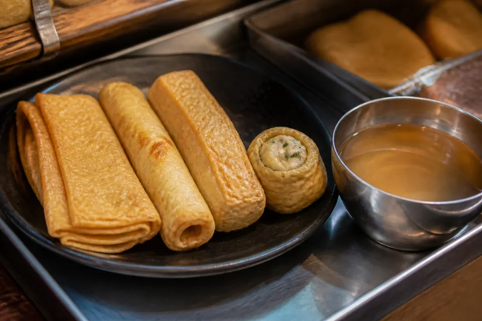 A hyperreal close-up of folded and rolled Korean fish cakes in several shapes beside a cup of clear broth.