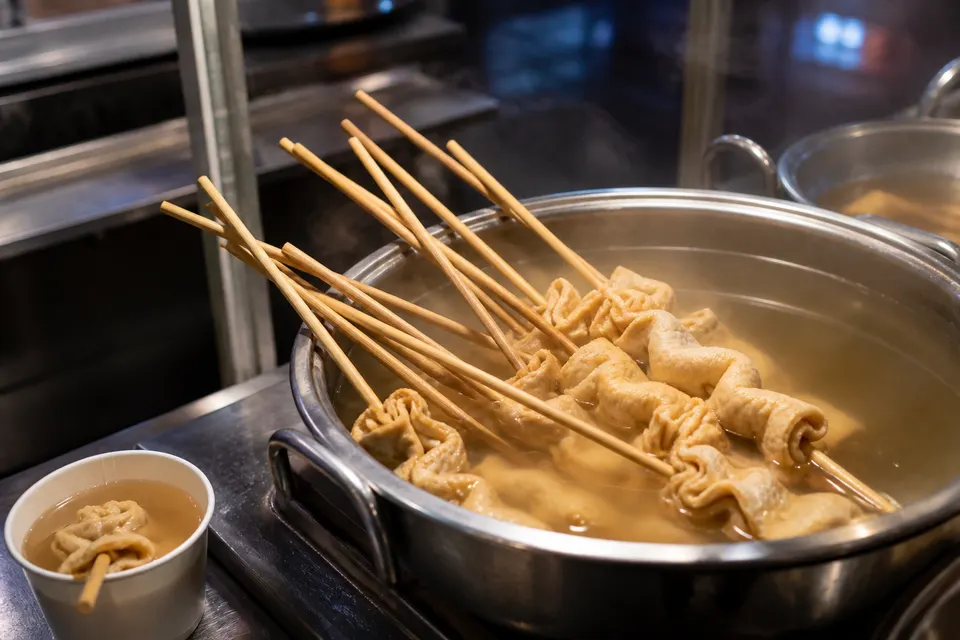 A hyperreal editorial photograph of Korean fish-cake skewers resting in a steaming clear broth at a street-food counter.