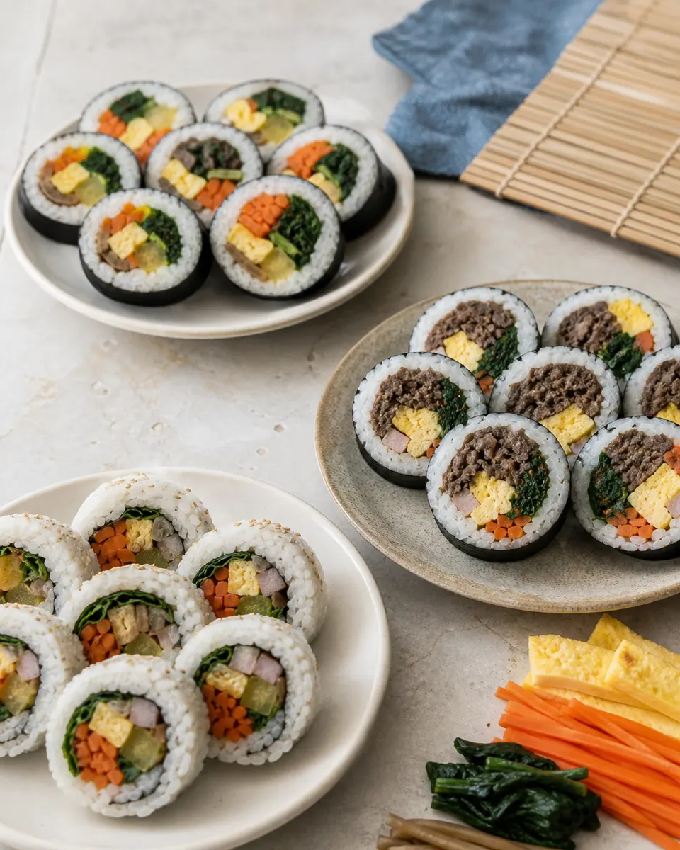 A hyperreal close-up of sliced Korean gimbap showing rice, gim, egg, vegetables, and a savory center.