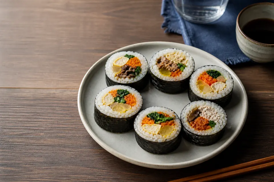 A hyperreal editorial photograph of sliced Korean gimbap with colorful fillings on a dark ceramic plate.