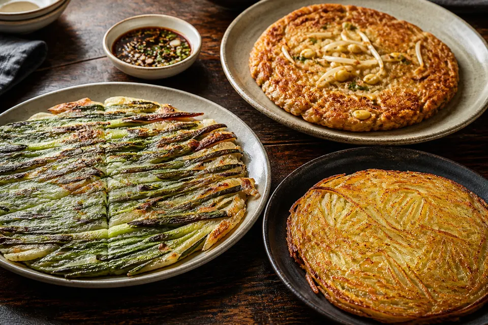 A hyperreal editorial photograph of three Korean savory pancakes on ceramic plates: scallion pajeon, mung-bean bindaetteok, and potato gamjajeon.