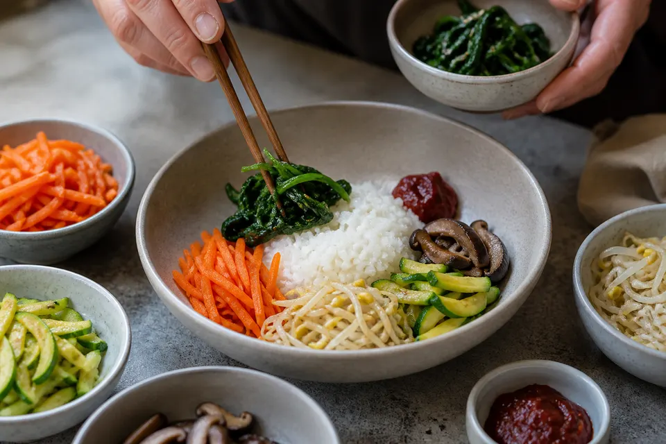 Hands arranging seasoned spinach into a bibimbap bowl while separate bowls of carrot, zucchini, mushrooms, and bean sprouts wait nearby.