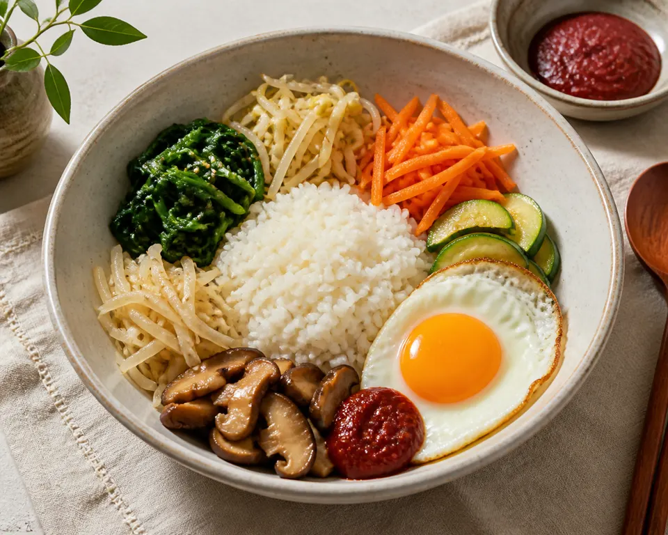 A Korean bibimbap bowl with rice surrounded by separate portions of seasoned spinach, bean sprouts, carrot, zucchini, mushrooms, egg, and gochujang.