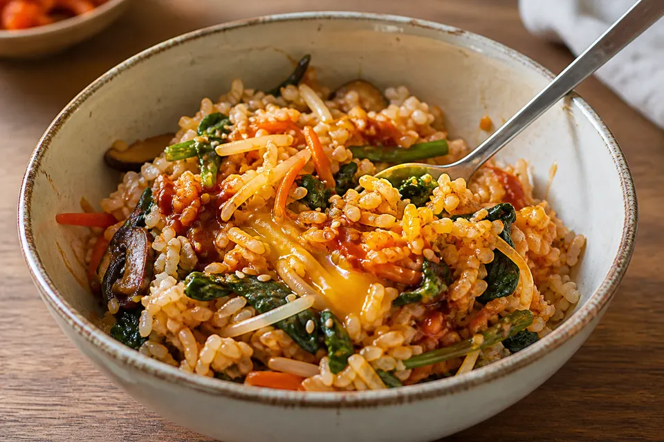 A bibimbap bowl after a gentle mix, with rice and vegetables still visibly distinct and a streak of egg yolk through the center.