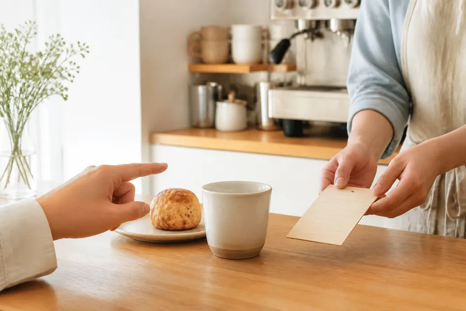 An anonymous customer points politely toward a ceramic cup while a cafe worker receives a blank order card.