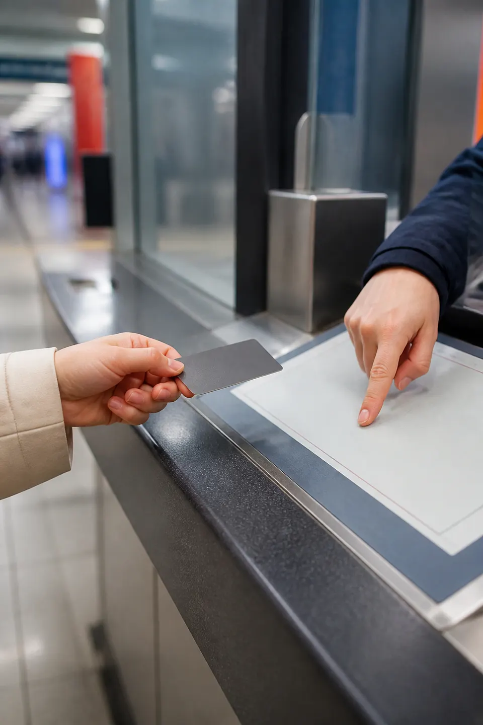 An anonymous traveler offers a blank transit card while another hand points toward an information panel at a station counter.