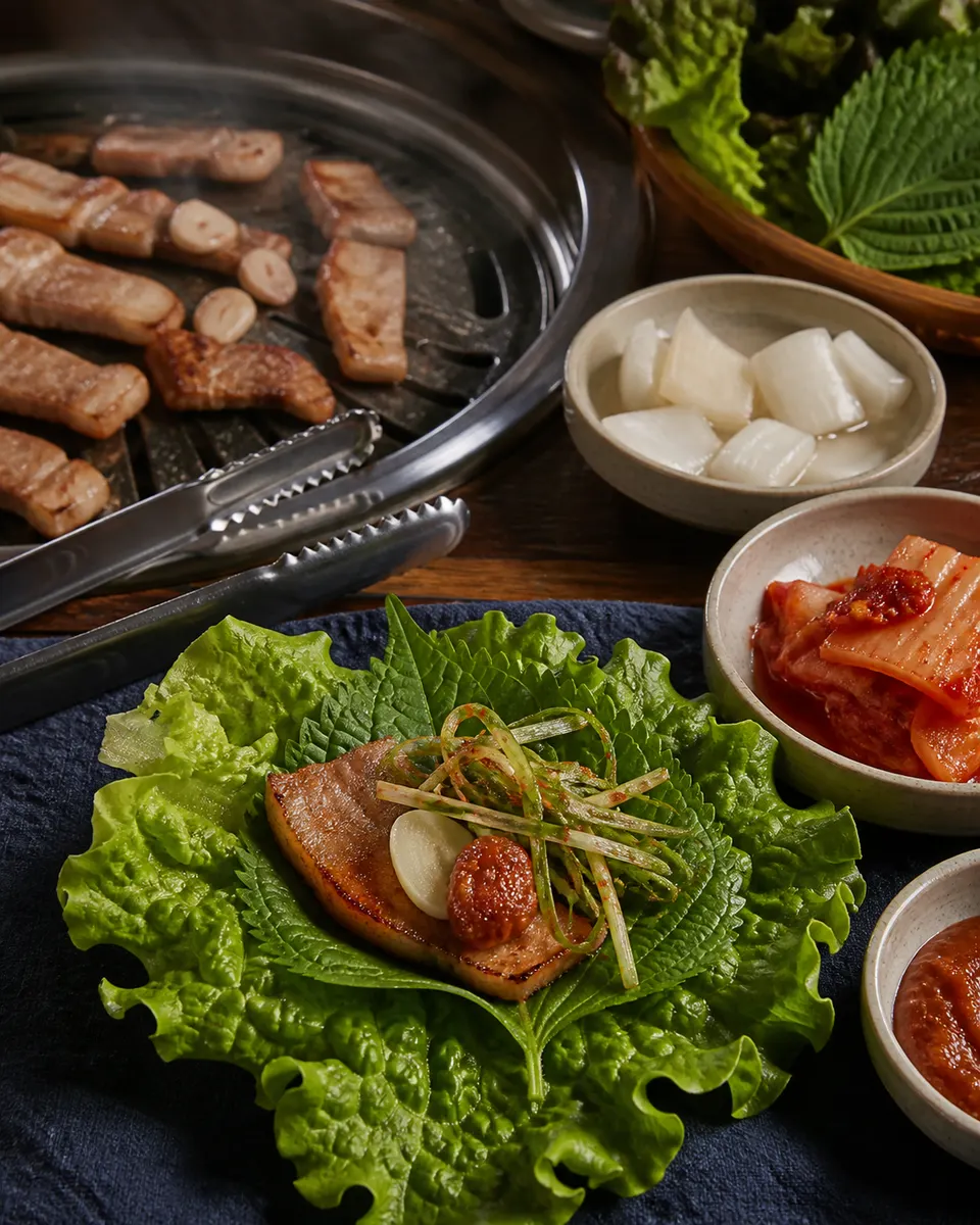 A hyperreal close-up of grilled Korean BBQ pork, lettuce, perilla, garlic, kimchi, and dipping sauces arranged on a restaurant table.