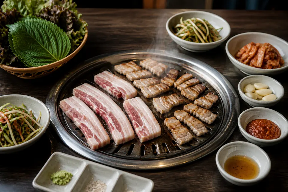 A hyperreal editorial photograph of Korean barbecue meat grilling at the center of a shared table with lettuce, perilla, and side dishes.