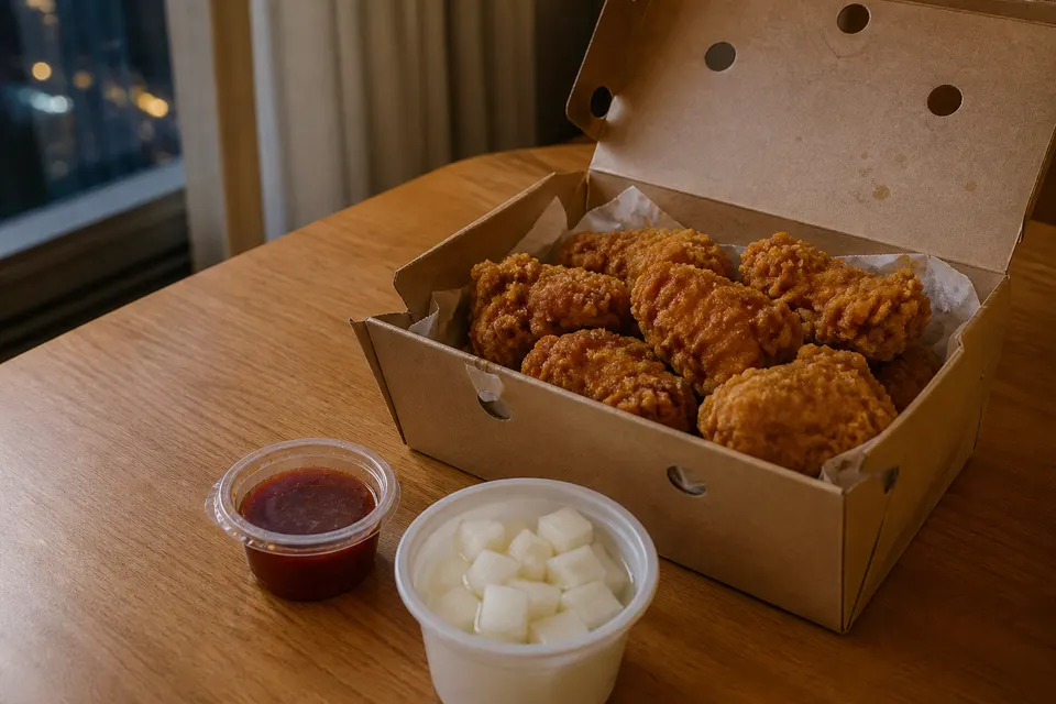 A hyperreal editorial photograph of Korean fried chicken in a vented paper delivery box with separate sauce and pickled radish.