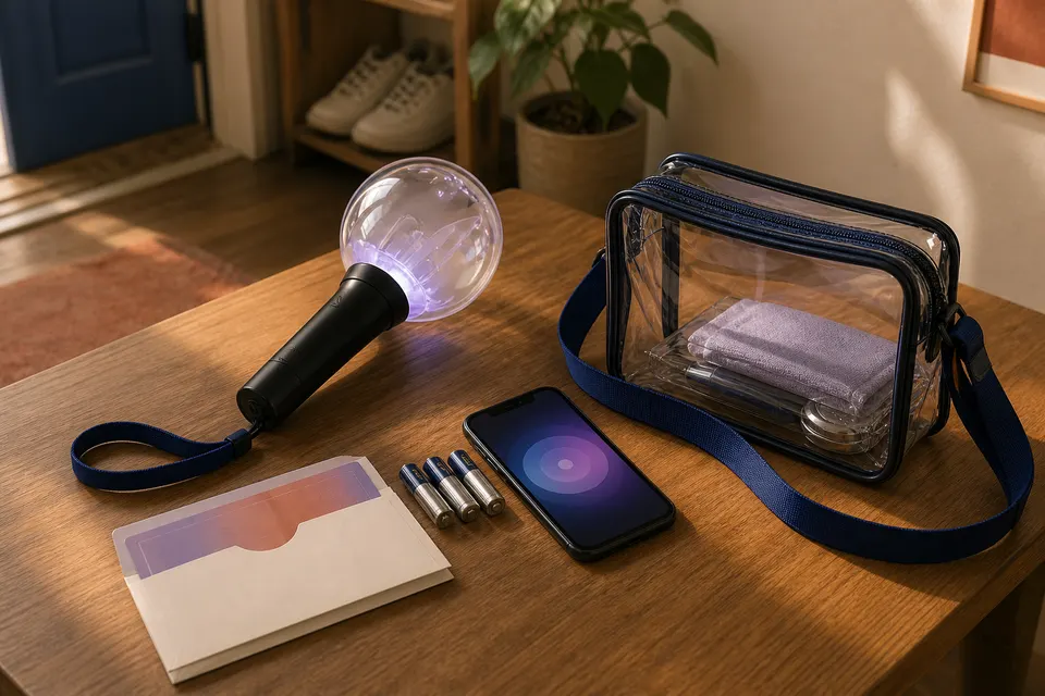 A generic light stick, phone, ticket envelope, and clear bag sit on a wooden entry table before a concert.