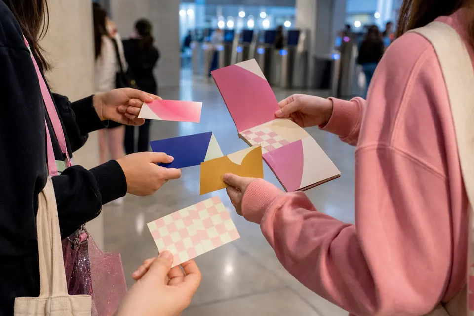 Anonymous concertgoers exchange blank abstract collectible cards in a venue corridor before doors open.