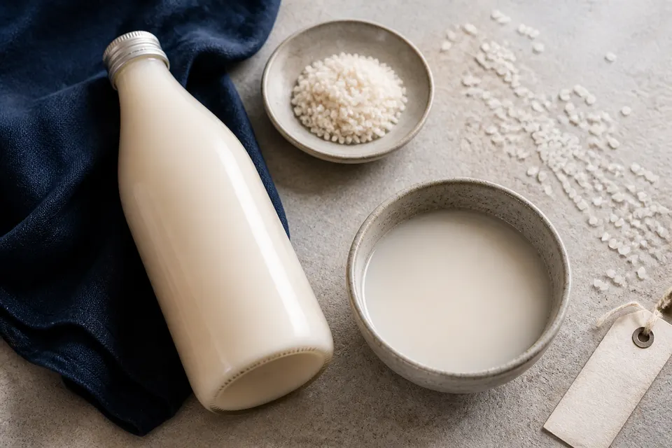 A hyperreal editorial close-up of a plain makgeolli bottle, rice grains, and a ceramic bowl on a Korean table.
