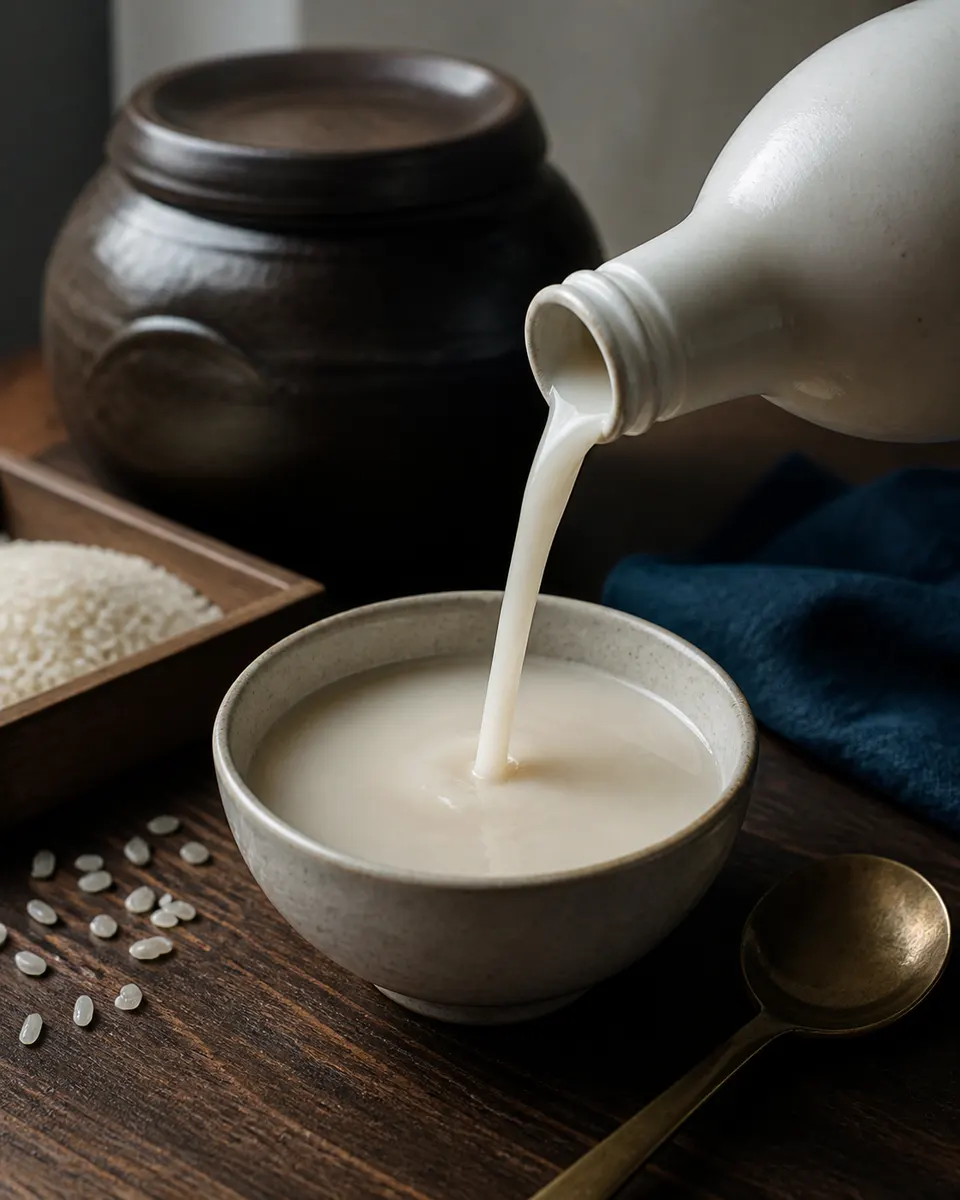 A hyperreal editorial photograph of cloudy makgeolli being poured into a small Korean bowl beside rice and a ceramic jar.
