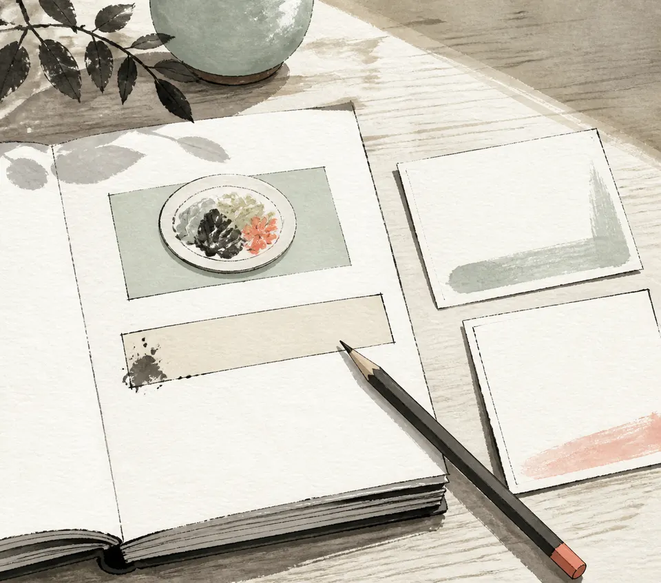 An ink-wash close illustration of a pencil, open language notebook, and blank food-word study cards on a paper-covered desk.