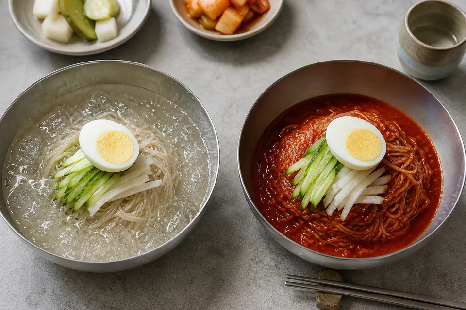 Two Korean cold-noodle bowls shown side by side, one in clear broth and one coated in red sauce.