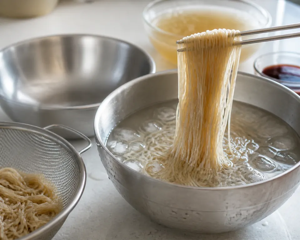 Chilled Korean noodles being lifted from ice-cold water with a metal strainer and serving bowls nearby.