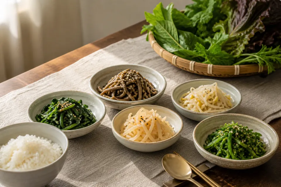 A hyperreal editorial photograph of several Korean seasoned vegetable side dishes arranged around a bowl of rice.