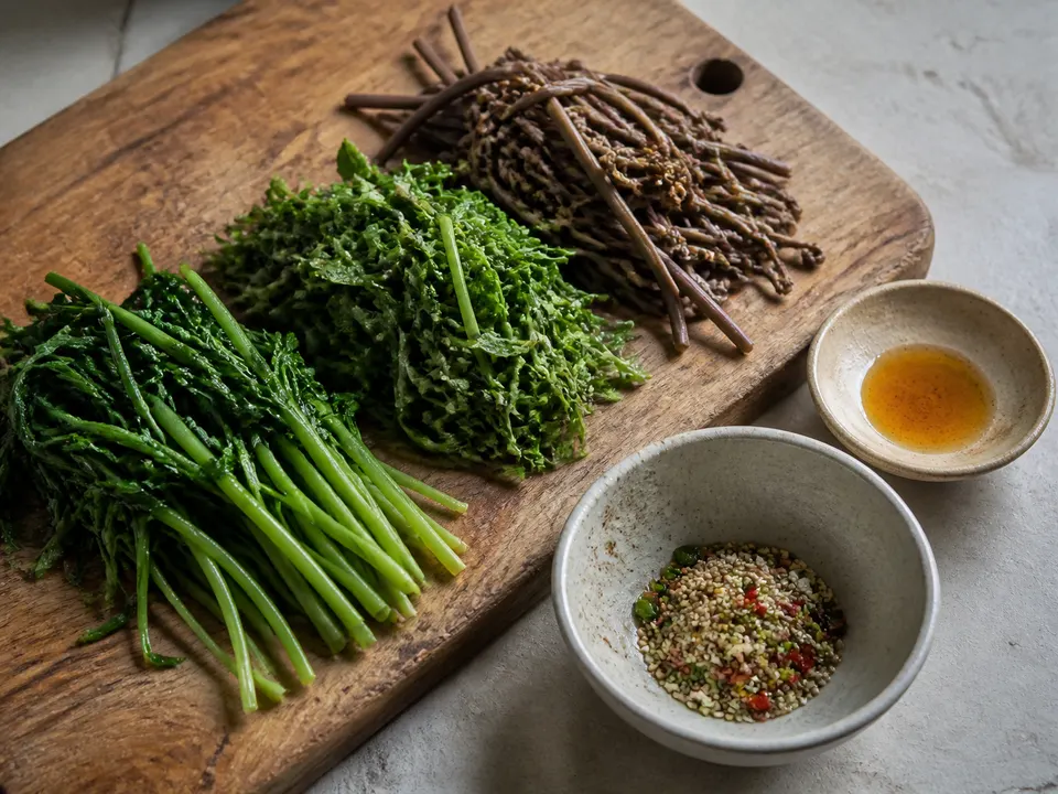A hyperreal close-up of Korean seasonal greens and dried fernbrake arranged beside bowls of seasoning.
