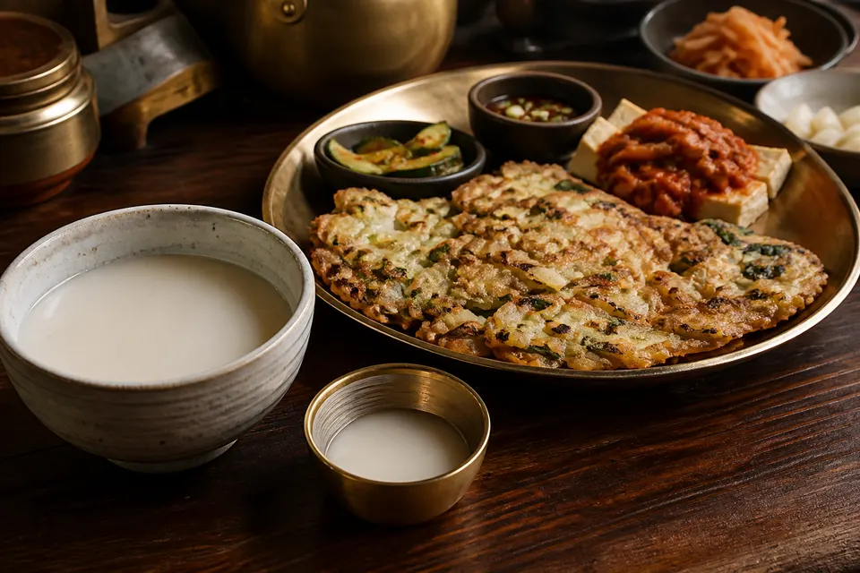 A Korean sharing table with makgeolli, brass cups, potato pancake, tofu, kimchi, and small side dishes.