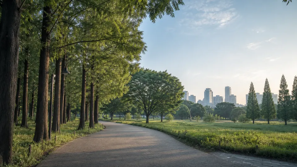 A tree-lined path opening onto a lawn with Seoul's skyline in the distance.