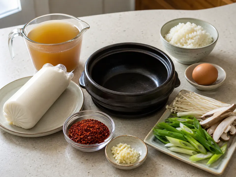 A bubbling Korean soft tofu stew with egg, mushrooms, and scallions in a black earthenware bowl beside rice.