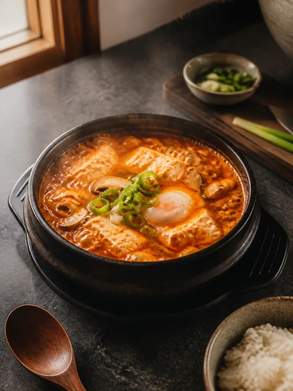 Soft tofu, broth, chili flakes, garlic, mushrooms, scallions, an egg, rice, and an empty earthenware pot arranged on a kitchen counter.
