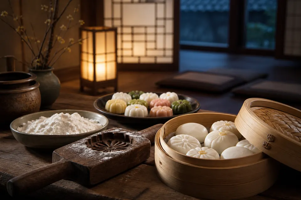 Rice flour, a wooden rice-cake mold, a bamboo steamer, and finished tteok sit in a quiet traditional craft room.