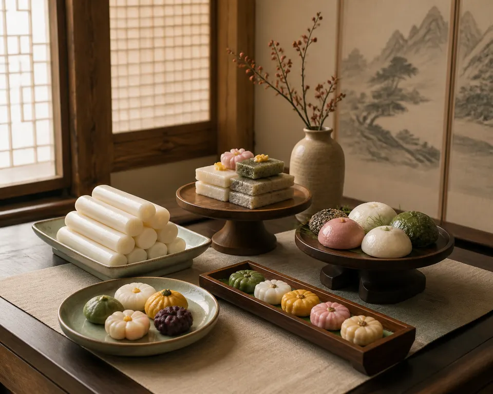 Assorted Korean rice cakes arranged on separate trays in a quiet wood-and-paper interior.