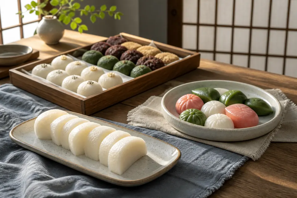 Three separate trays show plain, seasonal, and sharing arrangements of Korean rice cakes on a kitchen worktable.
